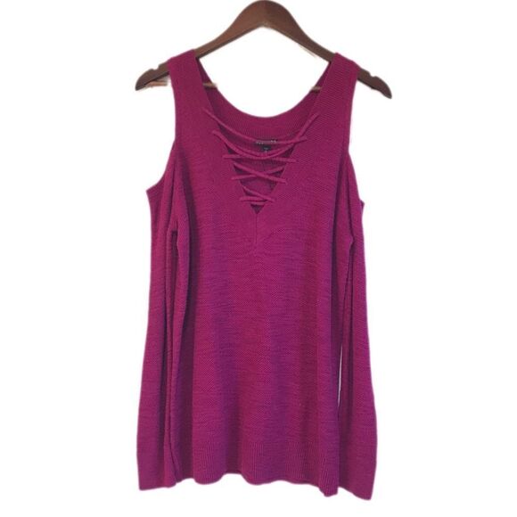 EXPRESS Burgundy Lace Up Cold Shoulder Sweater Top Reversible Size Small New - Picture 2 of 12